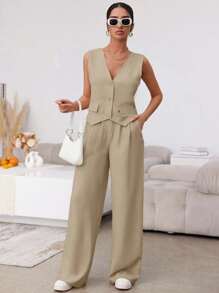 SHEIN Solid Color Vest And Pants Casual Two Piece Set - Apricot - View 4