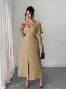 Elenzga 大码女式优雅 V 领前扣系腰撞色休闲连衣裙