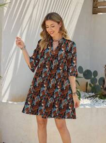 Shutterstock Glamance Robe courte d'été décontractée à col en V plongeant, imprimé allover, manches évasées pour femme. Robe-chemise tunique de femme à manches 3/4, imprimé abstrait - Marron - Voir 5