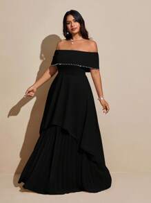 Viva Relle Đầm dự tiệc sang trọng, thanh lịch, sang trọng trễ vai, trang trí kim cương, chiffon xếp ly cỡ lớn cho nữ - màu đen - Xem 2