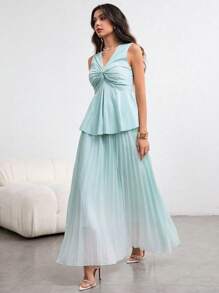 Modelyn Women's Sleeveless Solid Color Twist Knotted Top & Pleated Midi Skirt 2 Pieces Set, Elegant Summer - Mint Green - View 7
