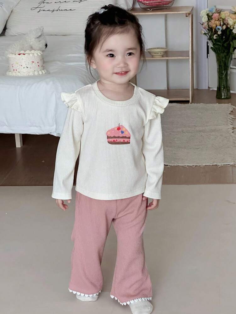 Baby Girl Cake Print Patchwork Ruffle Hem Long Sleeve T-Shirt And Pants Casual 2 Pieces Set Toddler Girls Clothes