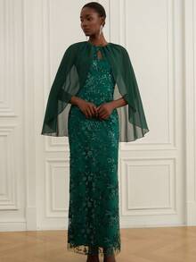 Zanirela Elegante vestido largo de gasa georgette bordado con cuentas de diseño por capas con cintura fruncida, estilo francés de lujo y elegancia para fiestas formales - Verde - Ver 4
