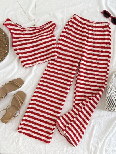 SHEIN 青少年女孩休闲度假街头服饰不对称纹理针织条纹短款修身 T 恤和配套直筒条纹针织裤两件套返校装，红白条纹