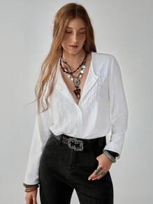 Florisole Women's Boho Embroidered Open Front Solid Color Shirt Western Blouses White Western Top Western Tops Fall Cloth For Women