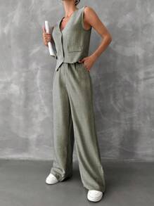 SHEIN Conjunto De Chaleco Y Pantalones Largos De Color Sólido - Verde Oliva - Ver 4