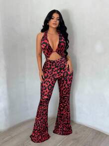 SHEIN SXY Women's Leopard Print Backless Deep V-Neck Jumpsuit - Red - View 1
