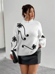 Firerie Plus Size Women Floral Embroidered Drawstring Neck Casual Long Sleeve Sweater Fall/Winter - White - View 2