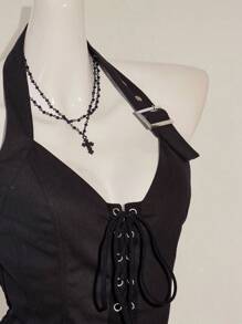 SHEIN ICON 女式夏季性感街头风格简约纯色系带露背背心秋季女装