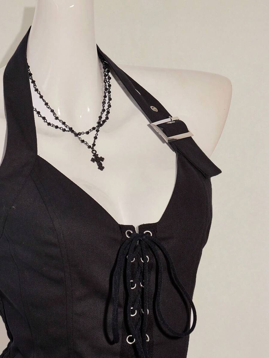 SHEIN ICON 女式夏季性感街头风格简约纯色系带露背背心秋季女装