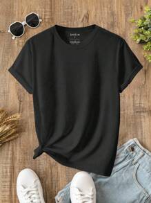 INAWLY 素色小圓領T恤 - 黑色 - 查看 1