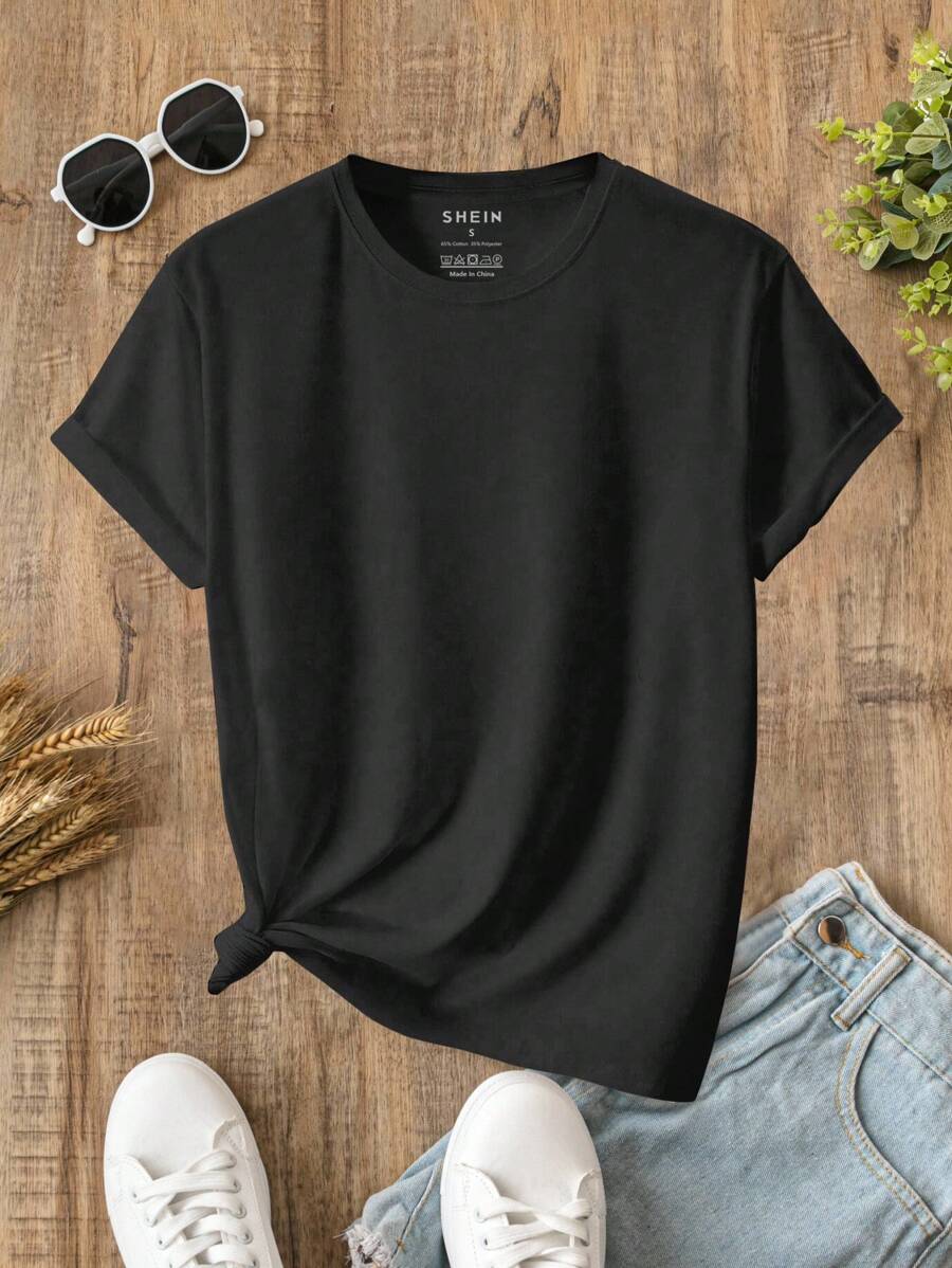 INAWLY 素色小圓領T恤 - 黑色 - 查看 1