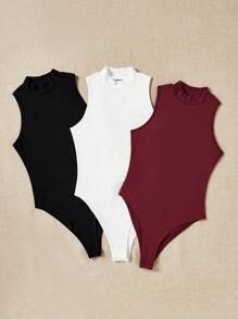 SHEIN EZwear 3pcs/Pack Women Black, White, Maroon Turtleneck Bodysuit Bodysuit, Casual Fitted Bodysuit Suitable For Summer