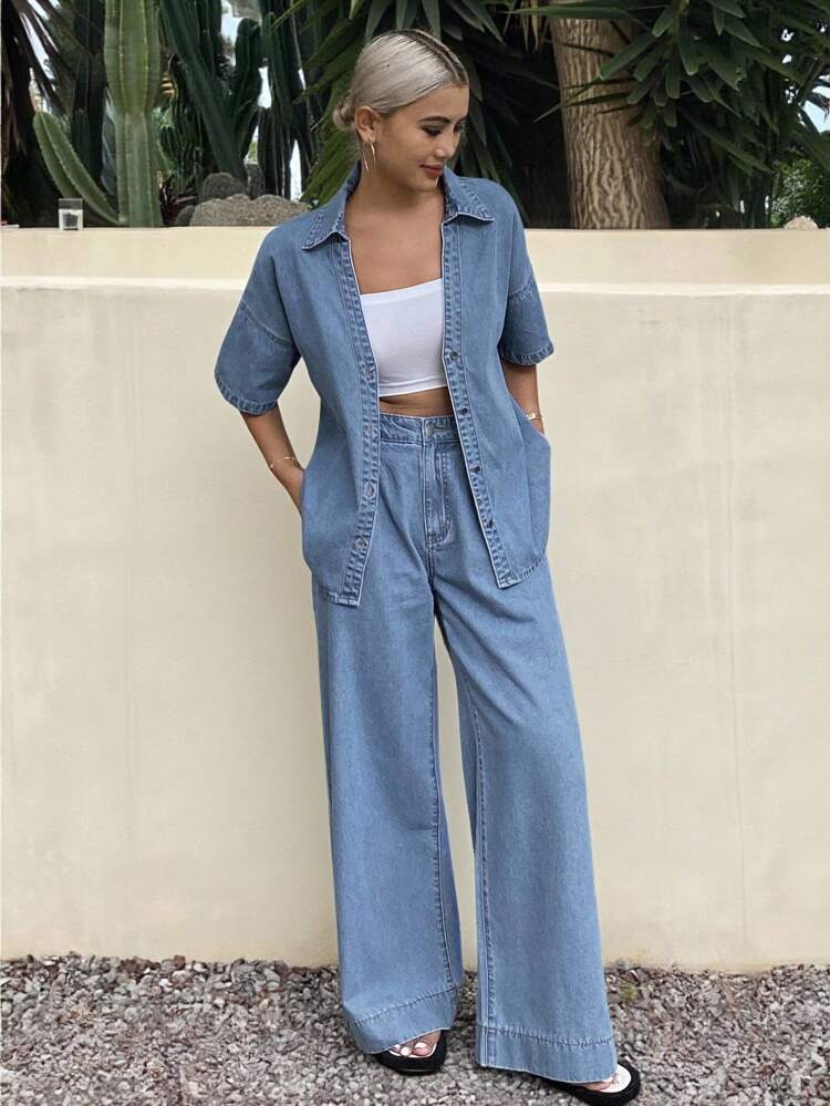 Women's Summer Front Button Washed Denim Short Sleeve Jacket And Jeans Set