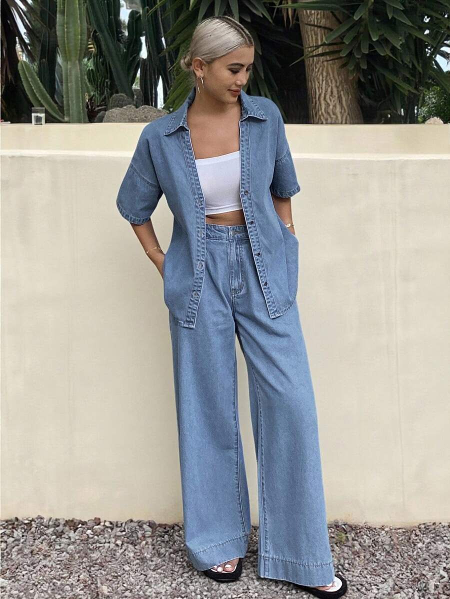 Livesso 女式夏季前扣水洗牛仔短袖夹克和牛仔裤套装