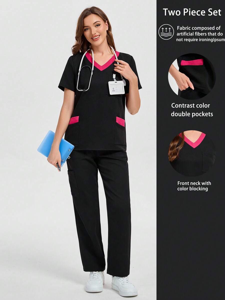 V-Neck Contrast Color Blocked Multi Pocket Short Sleeve Top & Pant Women Scrubs Uniform - Black - View 1