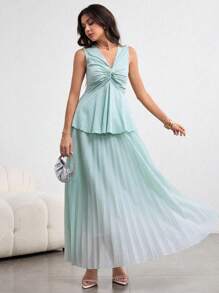 Modelyn Women's Sleeveless Solid Color Twist Knotted Top & Pleated Midi Skirt 2 Pieces Set, Elegant Summer - Mint Green - View 5