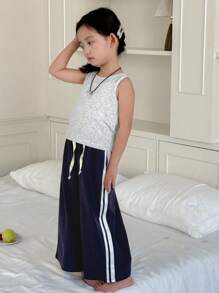Dazy Kids Conjunto de pijama para niña con camisa de tirantes de unicolor de cuello redondo y pantalones de estar en casa con rayas laterales - Gris - Ver 4