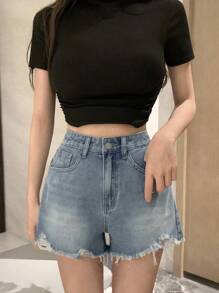 DAZY Women'S Frayed Denim Shorts - Medium Wash - View 7