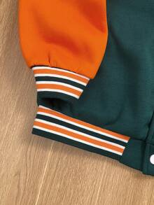 SHEIN 青少年男孩休闲运动数字和字母图案棒球领宽松长袖夹克，适合通勤、上学、日常休闲、旅行、运动、秋冬