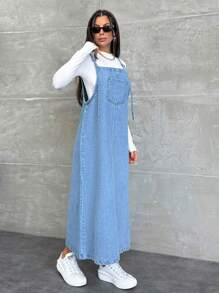 EURMUSE ROBE EN JEAN LONGUE POUR FEMMES AVEC DÉTAILS DE POCHE