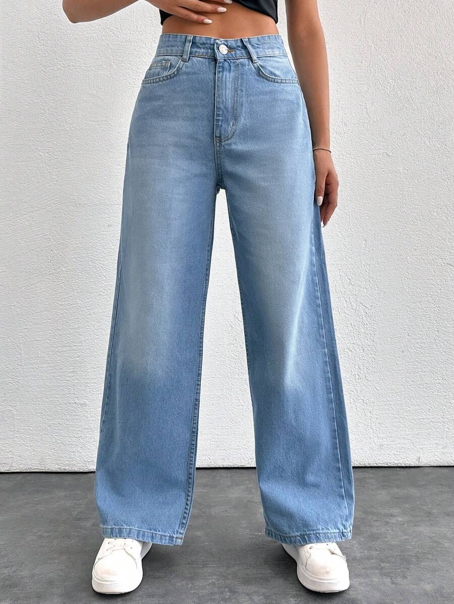 RueChic High Waist Straight Leg Jeans - Light Wash - View 1