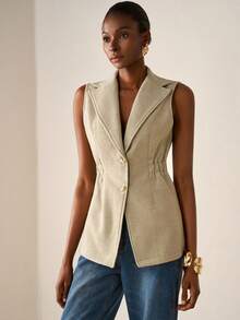 Zivah 20  Fall/Winter New Arrival College Style Music Festival Graduation Casual Daily Vacation Beach Sunbathing Streetwear Commute Elegant Lapel Vest Sleeveless Overcoat Thin A-Line Waisted Apricot Woolen Vest - Apricot - View 3