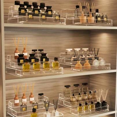1个两层/三层阶梯式多功能透明亚克力展示架，用于存放化妆品、调料、杯子、香水、口红、护肤品 - 优雅多功能储物架、收纳盒，适用于梳妆台、橱柜、台面，也适用于浴室和卧室，大容量储物容器