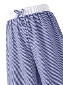 青少年（女孩）休闲、度假、优雅、学院风蓝白对比、可爱蝴蝶结装饰、棉质舒适百搭裤 - 藍白色 - 查看 6