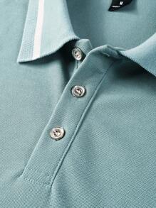 Calvornis 男士休闲撞色短袖Polo衫，夏季款，浅灰绿色面料搭配白色条纹纹理衣领，清新又不失沉稳。面料柔软透气，舒适优质，商务正装风格，复古时尚 - 綠色 - 查看 5