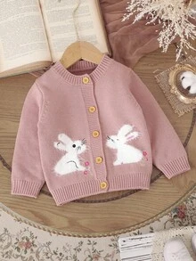 SHEIN Vintaside Kids 女婴粉色针织开衫，可爱兔子提花刺绣毛衣，可爱百搭的秋冬季开衫 - 粉色 - 查看 1