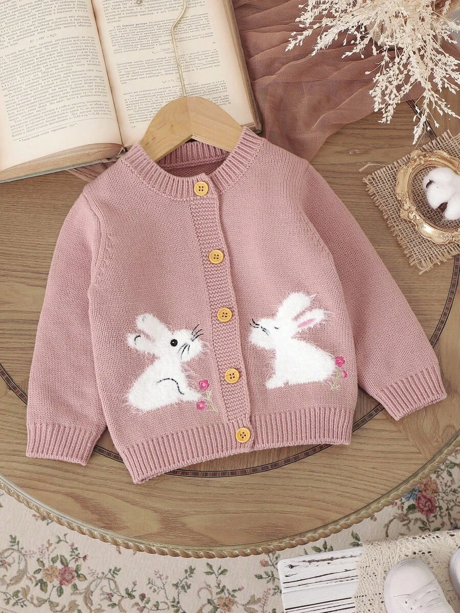 SHEIN Vintaside Kids 女婴粉色针织开衫，可爱兔子提花刺绣毛衣，可爱百搭的秋冬季开衫 - 粉色 - 查看 1