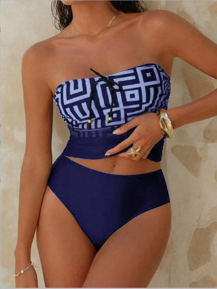 Swim Chiccia 2pcs Multi-Color Pattern Detachable Strap Ruched Top And Navy Blue Triangle Bottom Casual Vacation Party Holiday Women Tank Top Bikini Swimsuit Beach Outfit Set For Summer