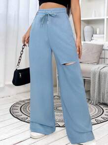 SHEIN EZwear Women's Casual Hazy Blue Distressed Drawstring Waist Wide Leg Sports Pants