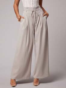 Silquee Women's Solid Light Cardigan Belt Pocket Pleated Pants Wide Leg Pants High Waist Pants Lace-Up Pants Pleated Pants Suit Pants Casual Suit Woven Office Teacher Autumn Women's Autumn Office Suit Pants - Khaki - View 3