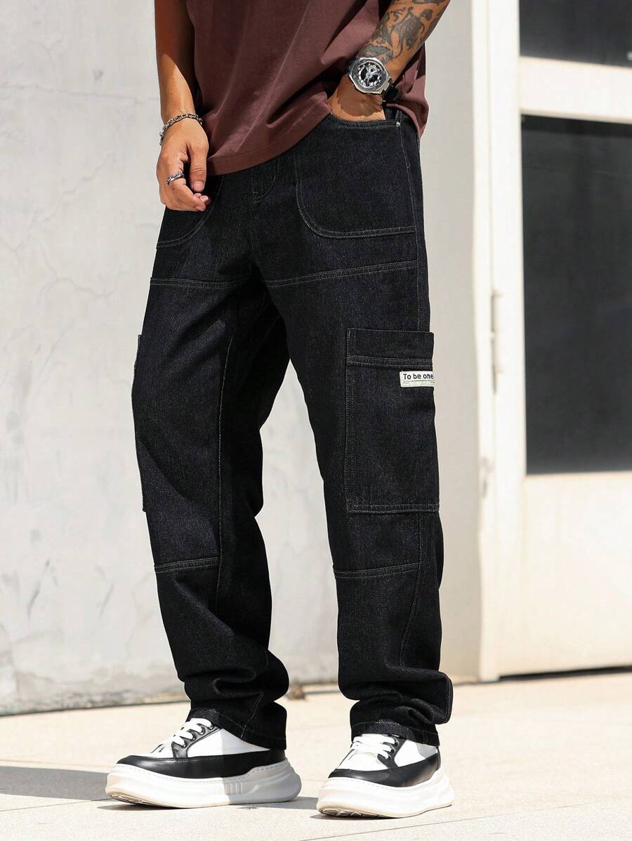 Manfinity Homme Quần Jeans Denim Ống Rộng Phong Cách Đường Phố Đơn Giản Tối Giản Túi Nam Quần Jeans Rộng Baggy Thời Trang Đường Phố - Rửa tối - Xem 1