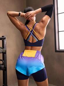 Powerista Ensemble de sport pour femmes avec imprimé lettres, couleurs contrastées et dos croisé pour l'été. Tenue de sport pour femmes. - Bleu azur - Voir 7