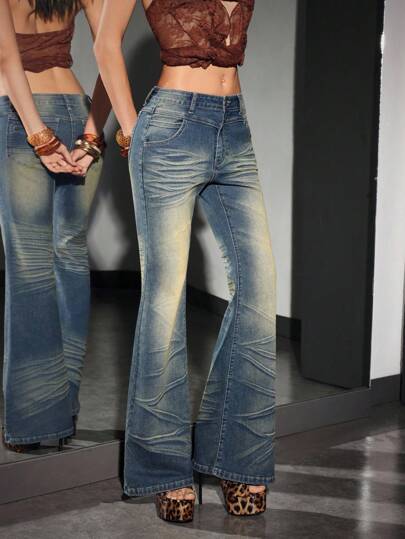 Jeanoix Women's Casual Vintage Washed Low Waist Flare Leg Jeans