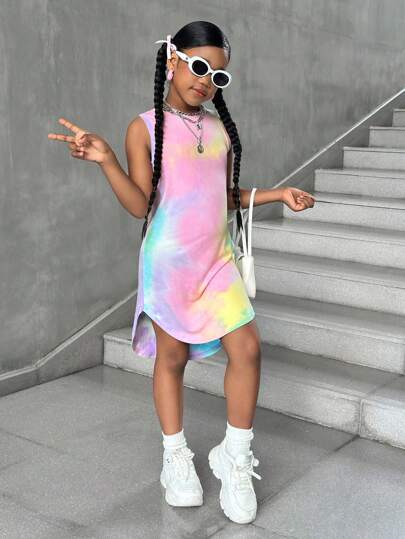 SHEIN Tween Girl Casual Street Style Fashion Tie Dye Print Rund Hals Kort Fram Lång Bak Ärmlös Klänning