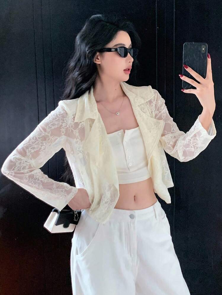 Women's Loose Casual Streetwear Inspired Contrast Lace Long Sleeve Jacket Thin Outerwear, Suitable For Spring, Summer, Autumn,Fall Women Clothes