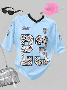 SHEIN Explorewe 青少年女孩蓝色运动休闲时尚街头字母印花图案 T 恤，时尚运动短袖 T 恤，夏季 - 彩色 - 查看 1