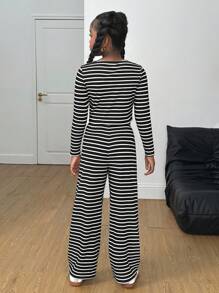 SHEIN Tween Girl Black And White Striped Two Pieces Set, Autumn Casual School Back-To-School Outfit, Square Neck Form-Fitting Top & Straight Leg Pants For Tween Girl - Blue and White - View 2