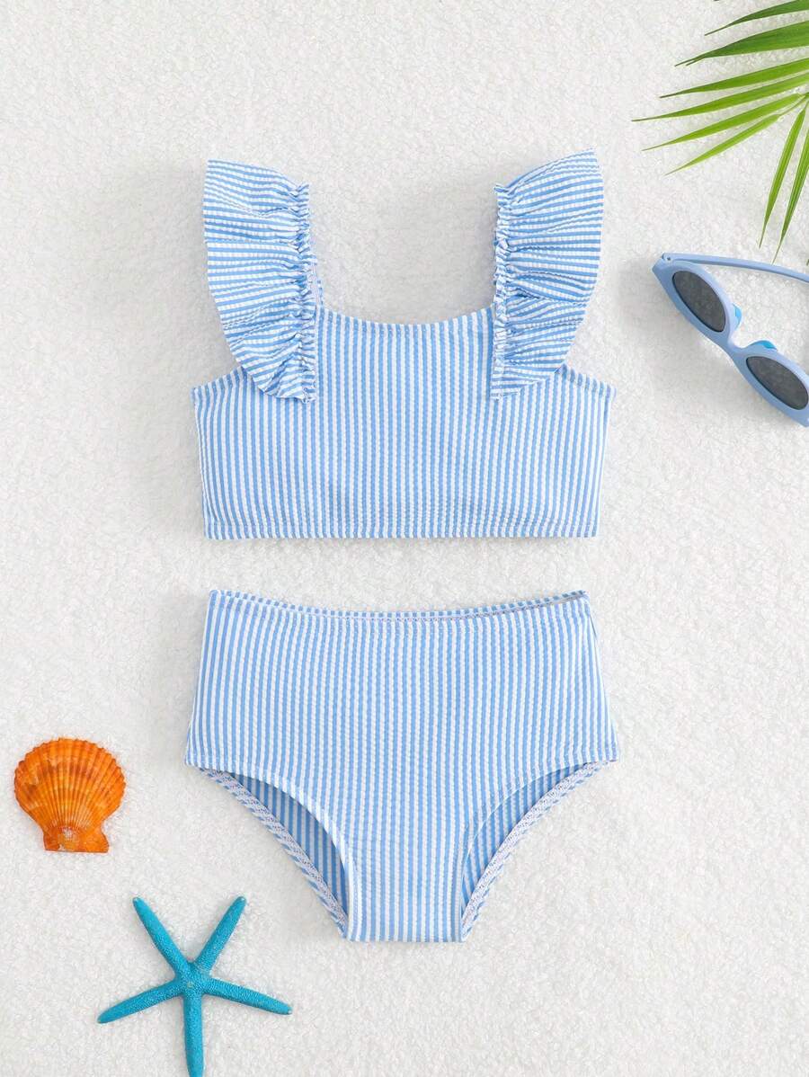 SHEIN Baby Girls' Simple Stripe Two-Piece Bikini Set, Ruffled Strap Swimsuit, Refreshing Summer Style - Multicolor - View 1