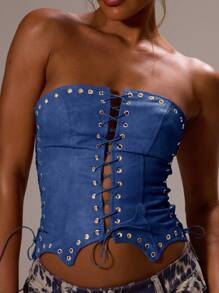 MUSERA 仿皮系带抹胸式镂空弧形下摆束身胸衣，适合音乐节、演唱会、锐舞派对、俱乐部、后台等场合，性感迷人，适合假日、秋季、春夏等各种场合。 - 藍色 - 查看 3