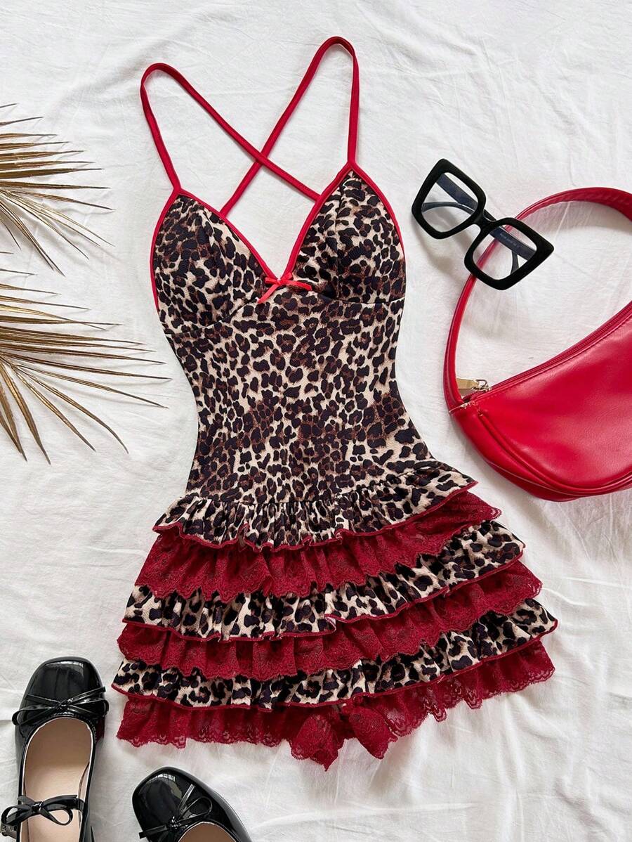 Soleia Women's Vacation Multi-Color Vintage Leopard Print & Red V-Neck Backless Crisscross Strap Leopard Pleat Ruffle Splice Contrast Red Lace Sexy Romper, Suitable For Dating, Afternoon Tea, Vacation, Music Festival, Bohemian Party, Carnival, Can Be Worn As Inner Wear Or Outerwear,Leopard Print,Back To School,Homecoming - Multicolor - View 1