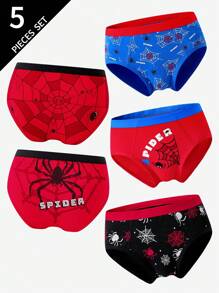 Set de 5 calzoncillos tipo bóxer de algodón con estampado de araña, transpirables, para niños pequeños