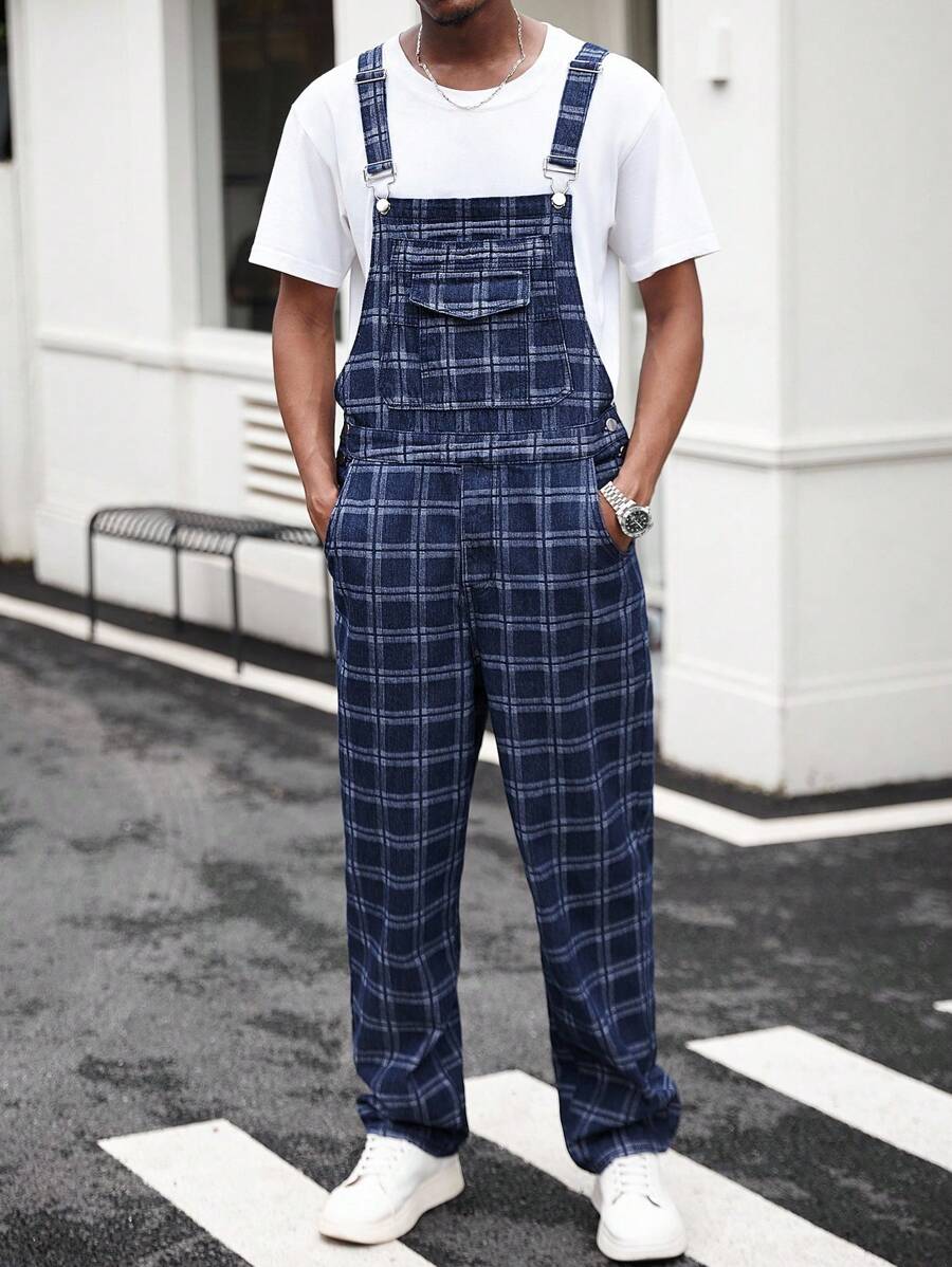 Manfinity Homme Men's Plaid Denim Bib & Brace Overalls, High-Quality Korean Style With Pockets, Straight Leg