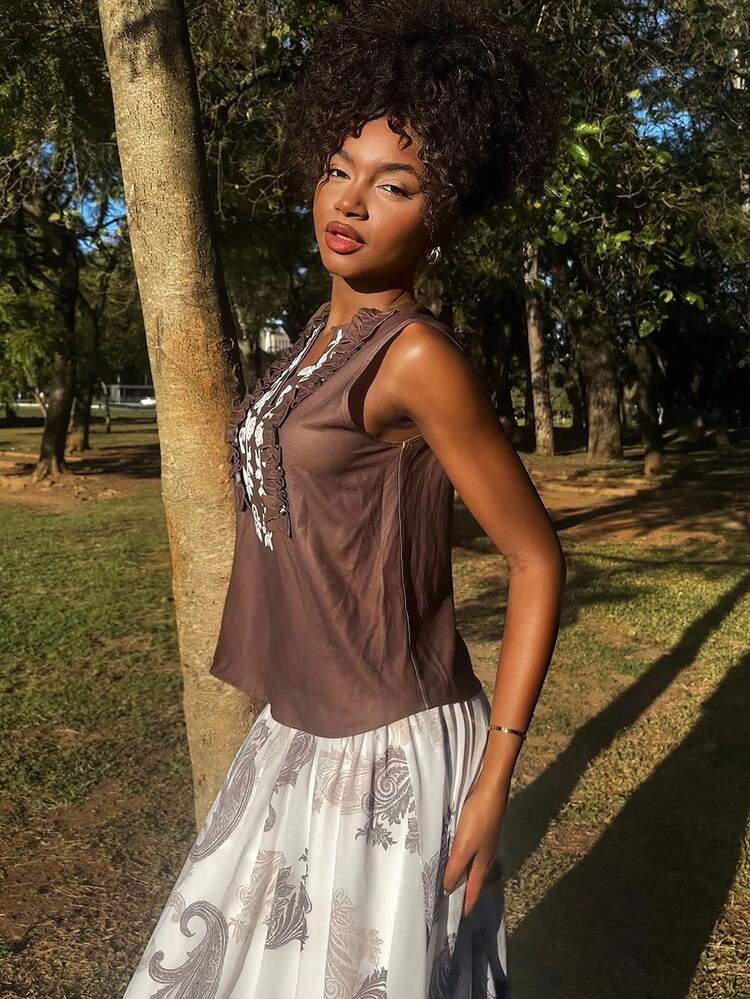 Vintage Inspired Ditsy Floral High Waist Slimming Chiffon A-Line Skirt For Women, Fashion Elegant Spring/Summer Vacation