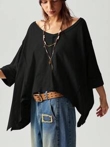 Bohemela Áo thun dệt kim cổ chữ V rộng rãi, giặt sạch cỡ lớn - màu đen - Xem 8