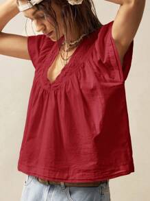 Bohemela 1pc Women Solid Color V-Neck Short Sleeve Loose Blouse Red V Neck Blouse Women Cotton Summer Tops For Women Women Summer Blouses Casual Red Tops For Women V Neck Summer Tops - Burgundy - View 6